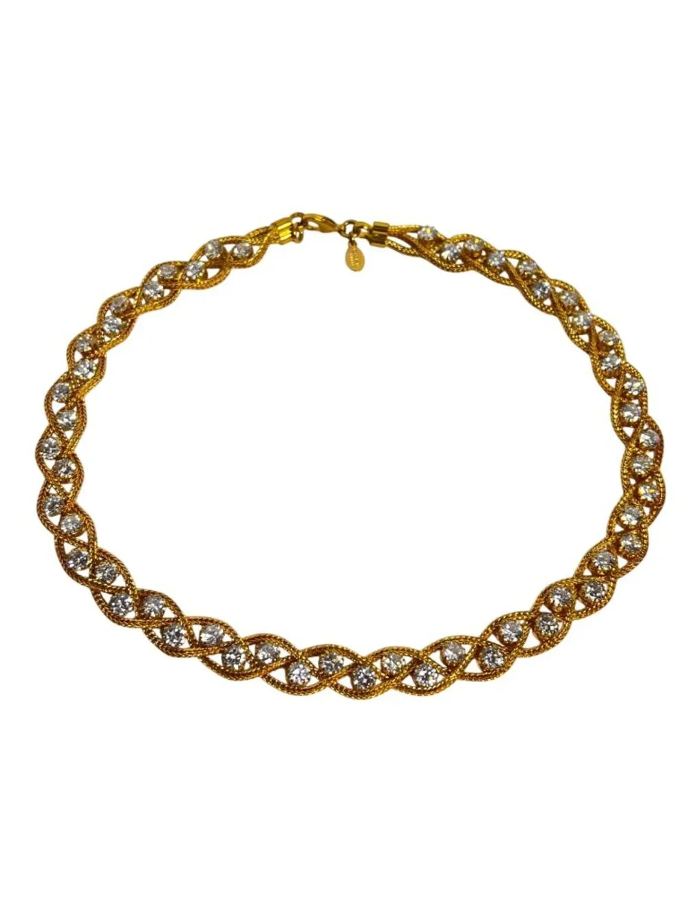Nolan Miller Gold Tone Braided Wheat Chain Necklace W/ Clear Rhinestones (6307) - Picture 6 of 7